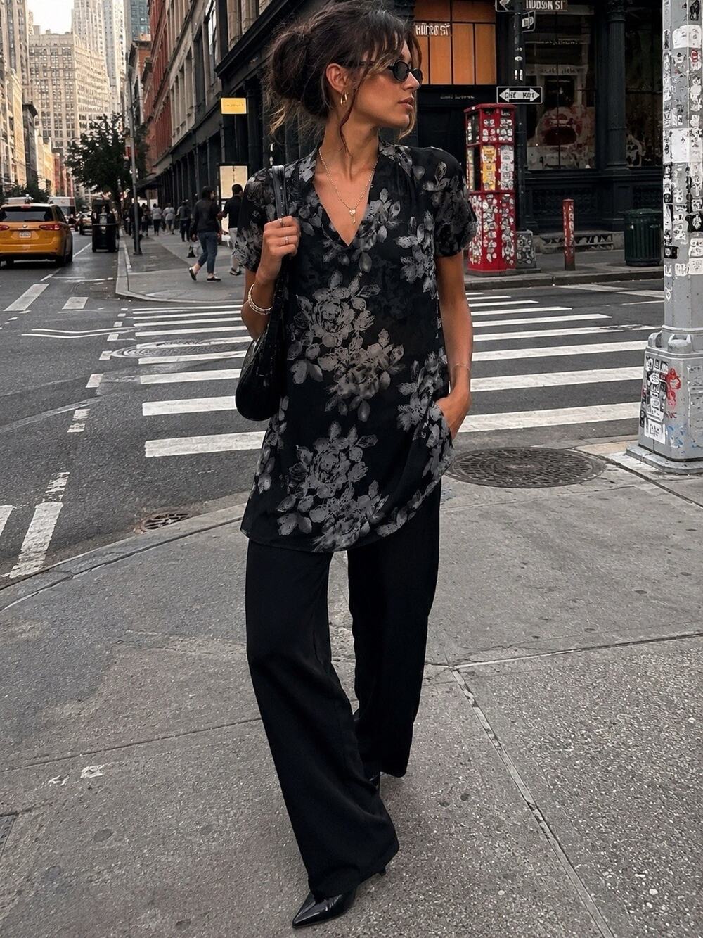 Nine West 100% Silk Black Gray Floral Tunic Blouse Romantic Career Sz XS